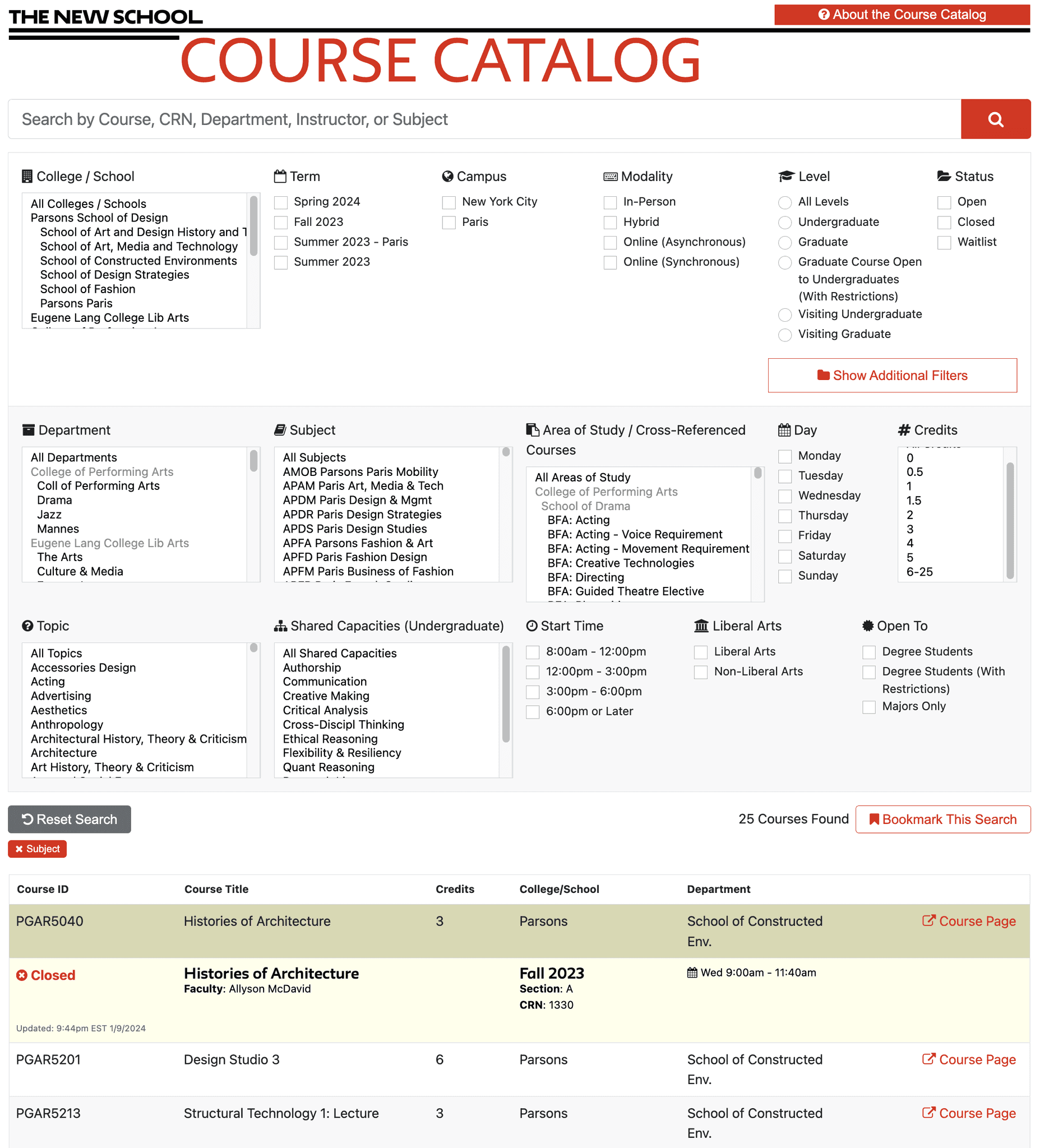 Original course search results page