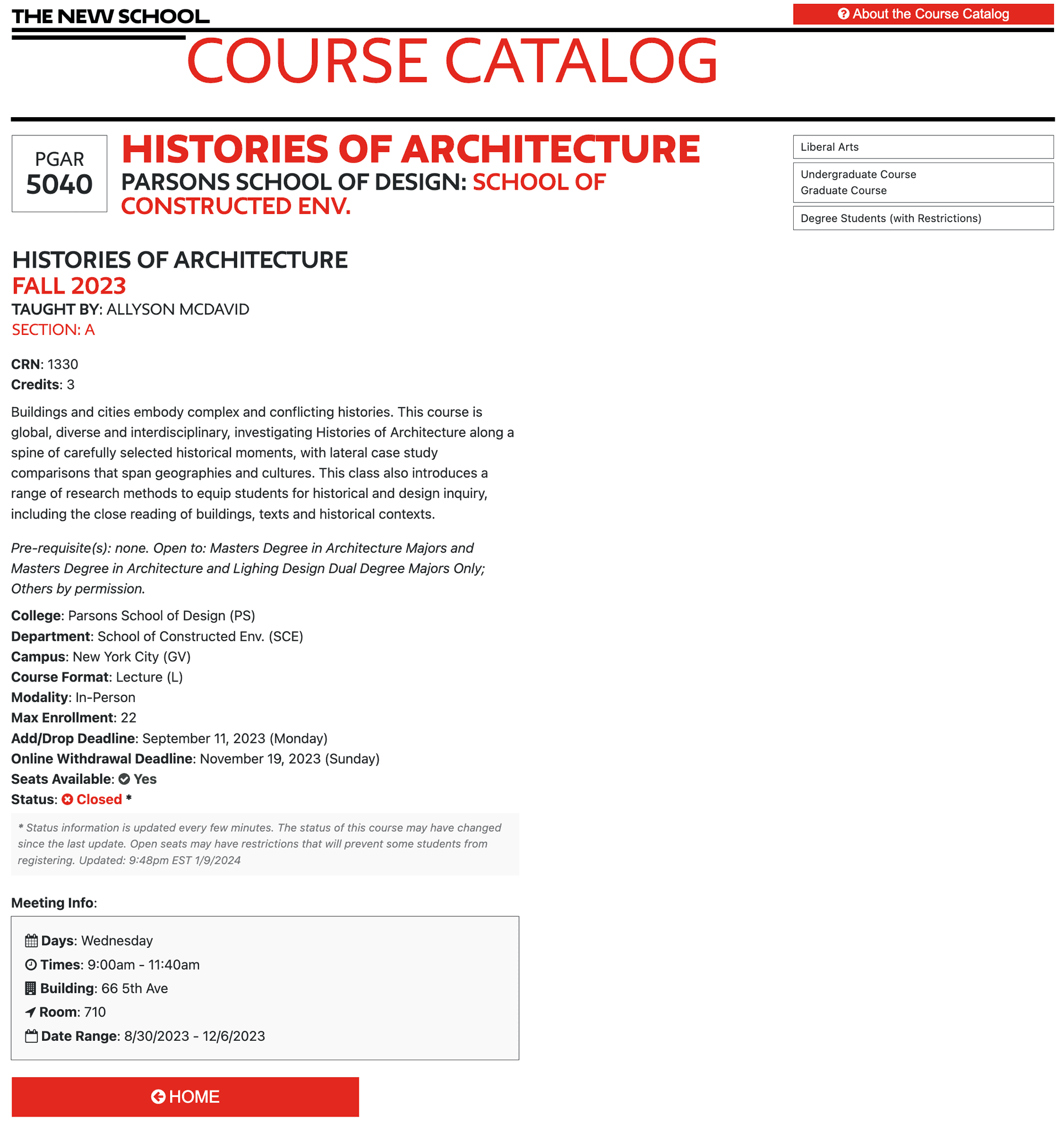 Original course details page