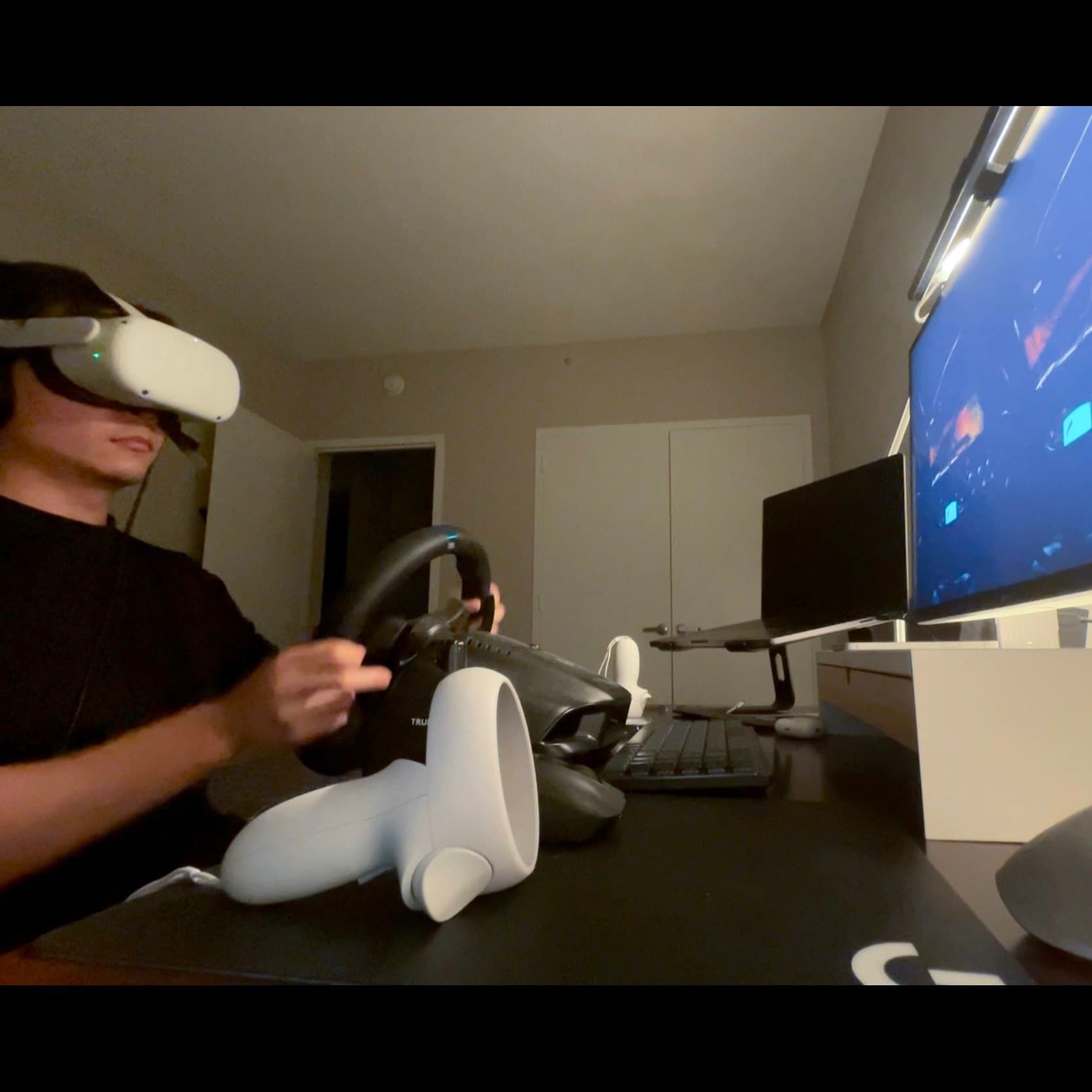 A delightful moment of me try out VR racing car game.