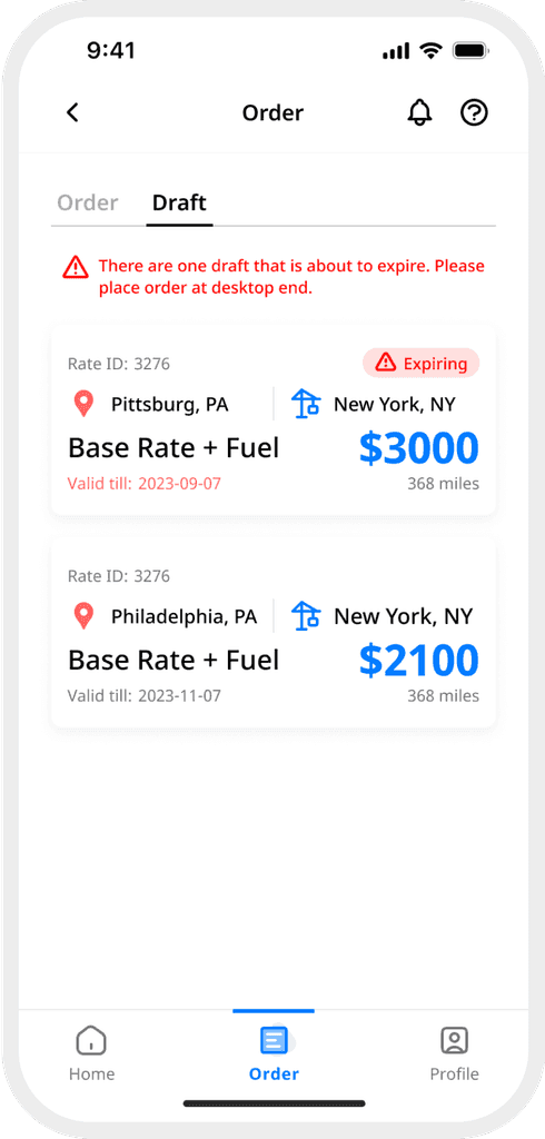 DrayEasy mobile app screen