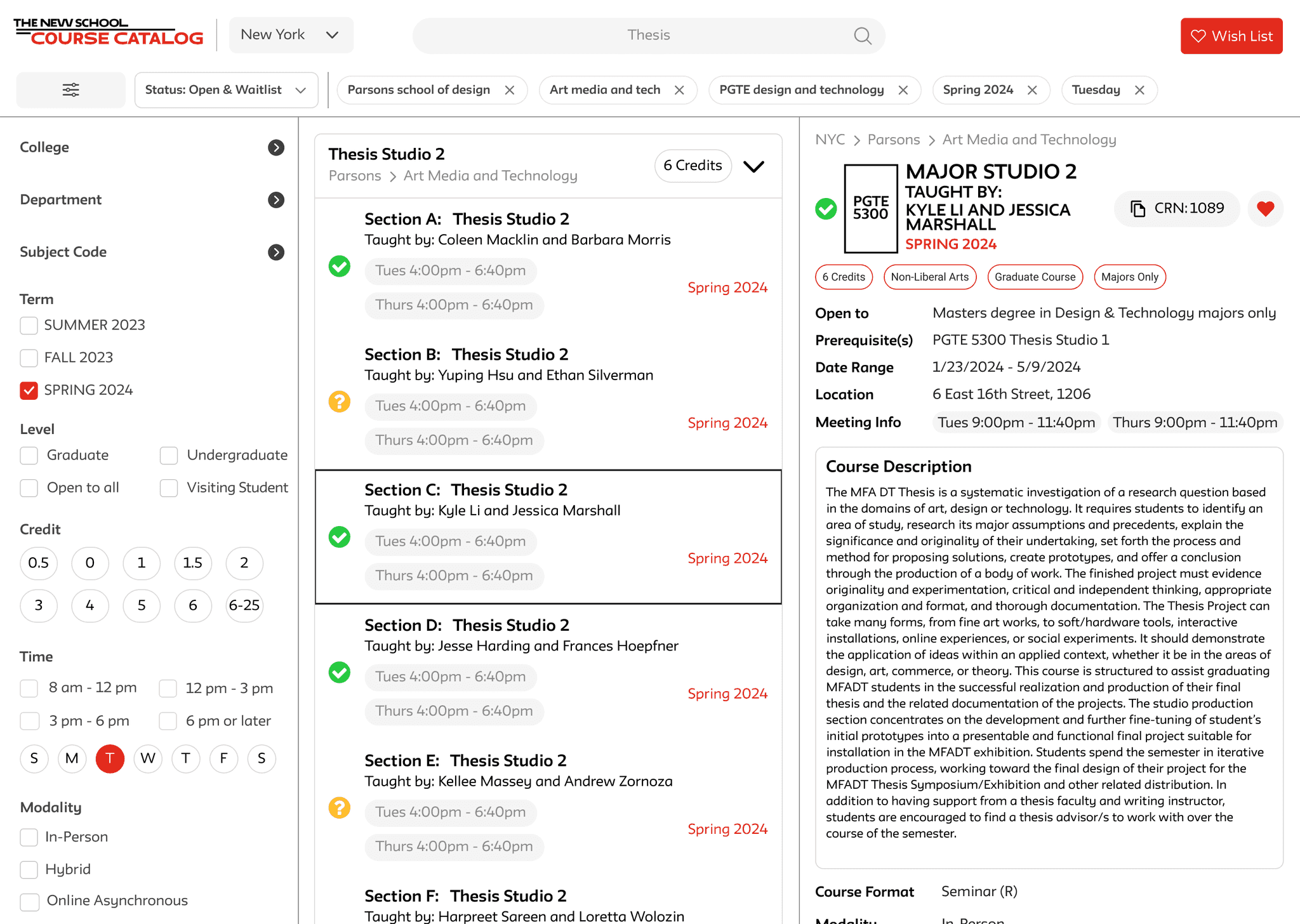TNS course catalog redesign screen