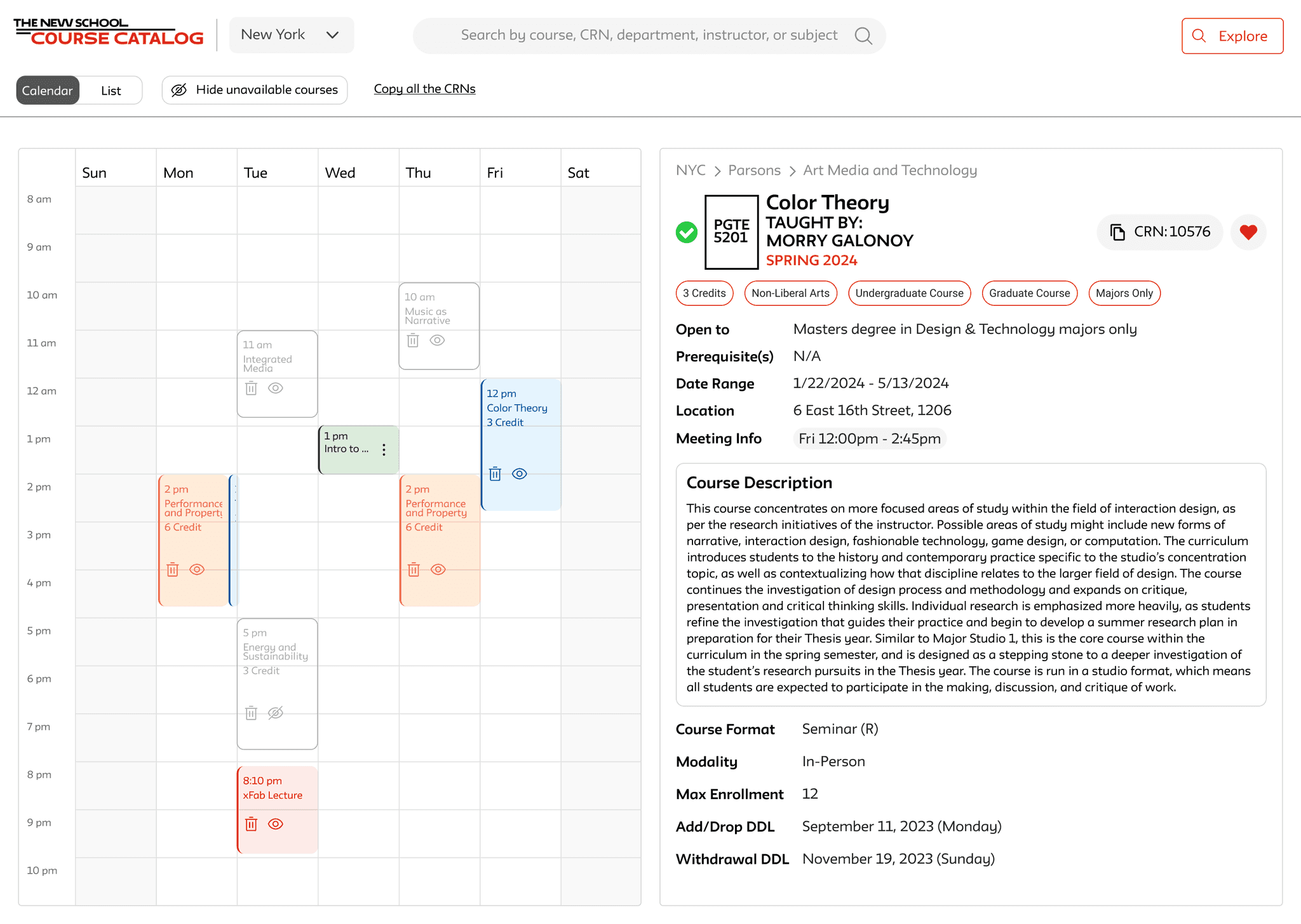TNS course catalog redesign screen