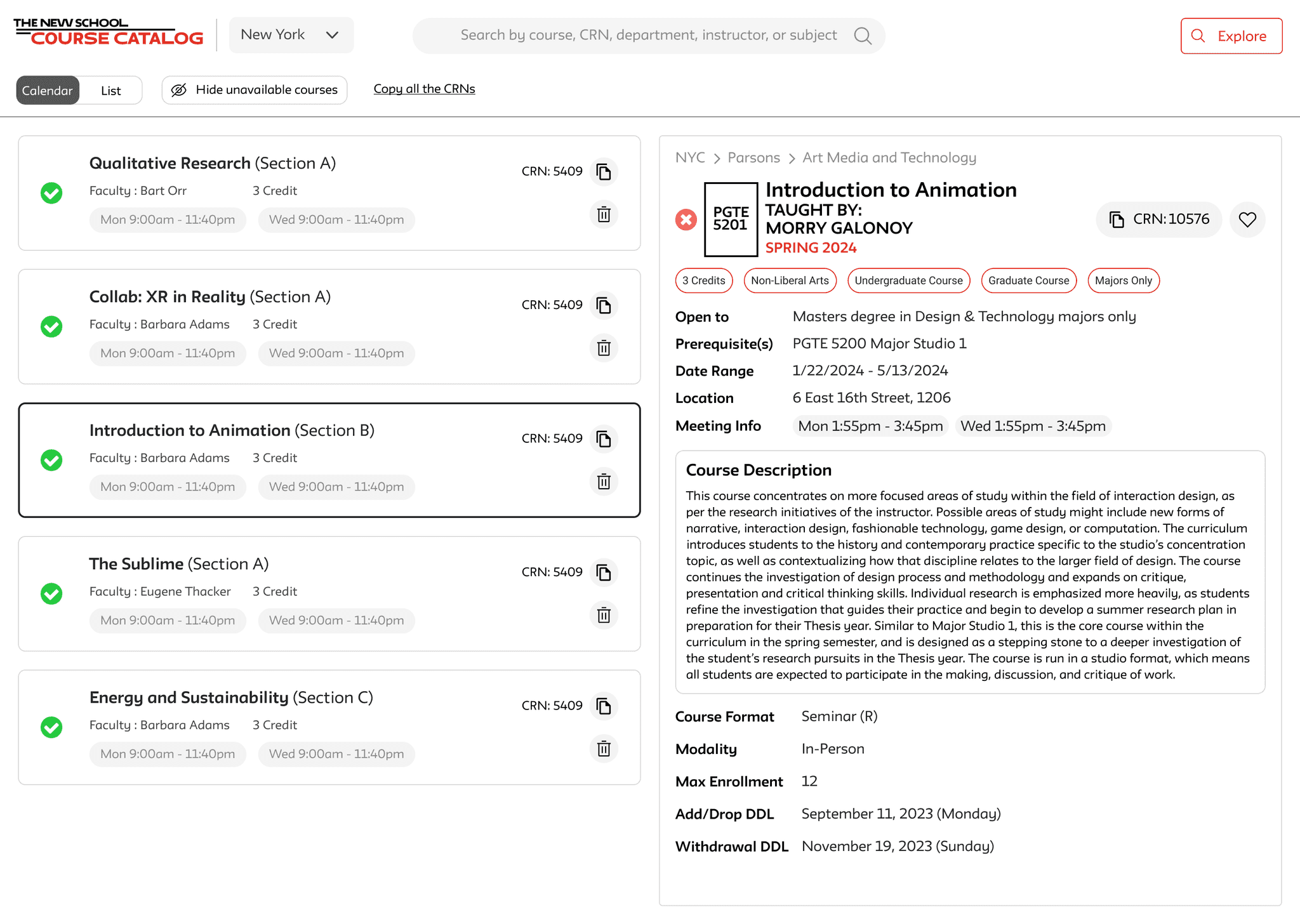 TNS course catalog redesign screen